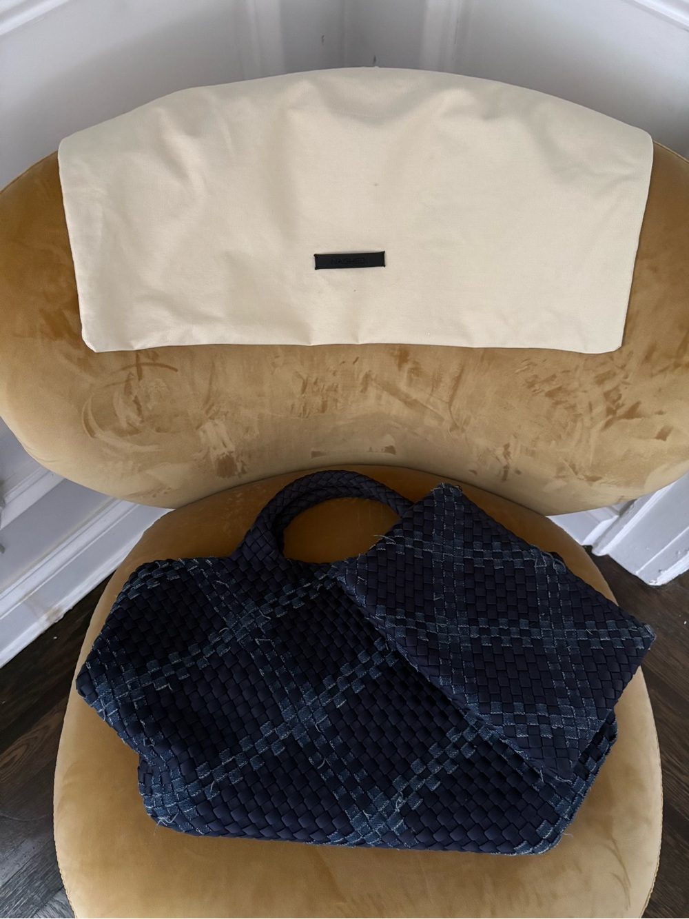 Naghedi Navy Woven Tote with Faded Plaid Detail - Picture 10 of 11